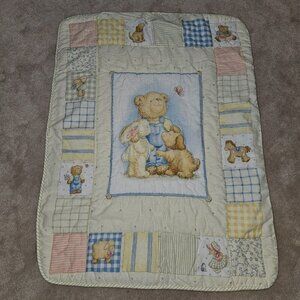 VTG Gerber Teddy Bear Comforter Crib Blanket 30x40 Dog Duck Bunny Yellow Blue